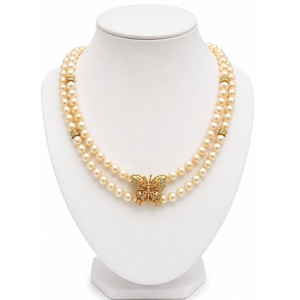 Vintage Double Strand Faux Pearl Choker Gold Rhinestone Butterfly Clasp Necklace